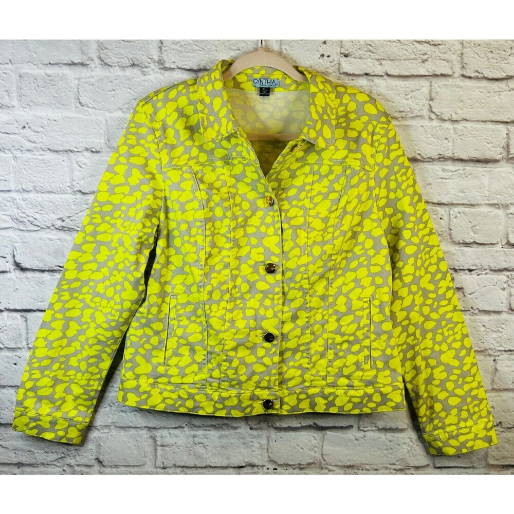 Cynthia Rowley Women's Soft Denim Jacket Button Up Neon Yellow Gray Colorful XL